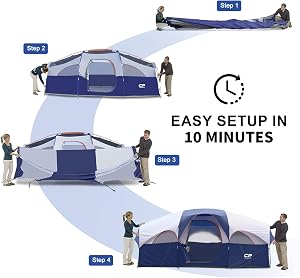 CAMPROS CP 8 Person Camping Tent, Weather Resistant Family Tent with 5 Large Mesh Windows and Divided Curtain